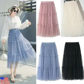 

Women Girls Layers Tulle Skirt Long Princess Tutu Mesh Splicing High Waist Skirts Party Flared Pleated Solid A-line Summer Skirt