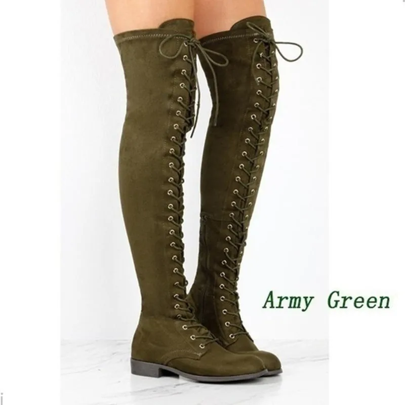 

Ladies Flock Flat Heels Plus Size 35-43 Riding Boots Women Over The Knee Lace Up Bandage Sexy Party Motorcycle Boots