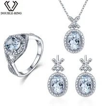 Double-R 0.03 ct Natural Diamond Bridal Wedding Jewelry Sets Women 4.1 ct Real Blue Topaz 925 Silver earring Ring Pendant Female