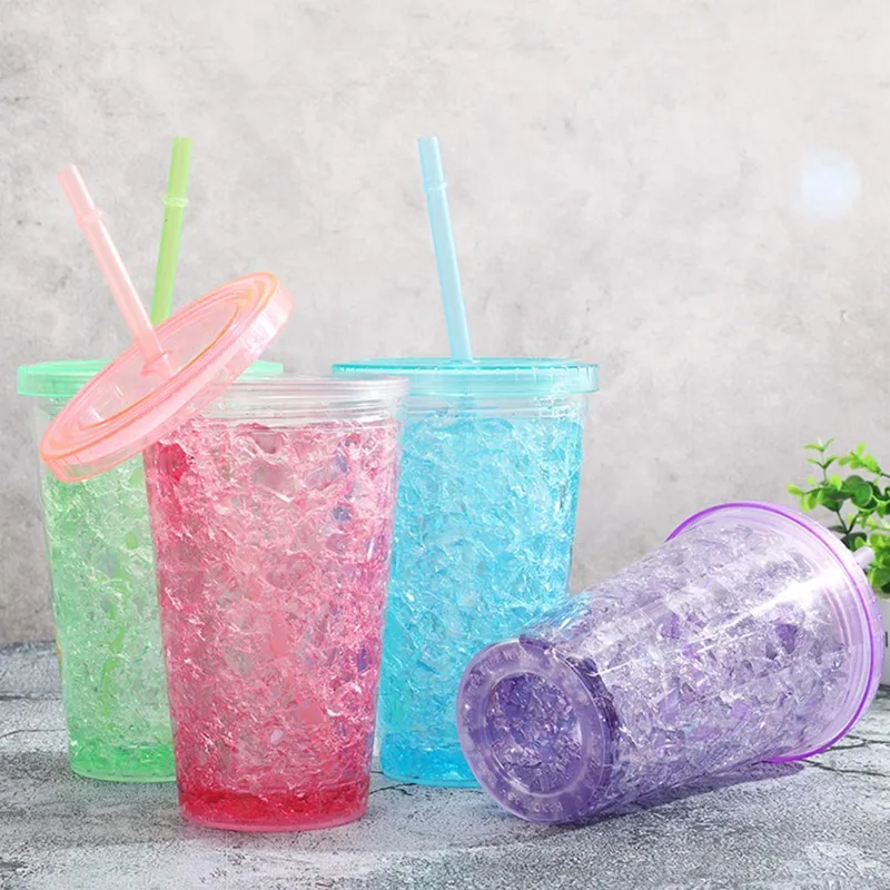 

450ml Summer Double-walled Ice Cold Drink Coffee Juice Tea Cup Reusable Smoothie Plastic Iced Tumbler Travel Mug With Straw