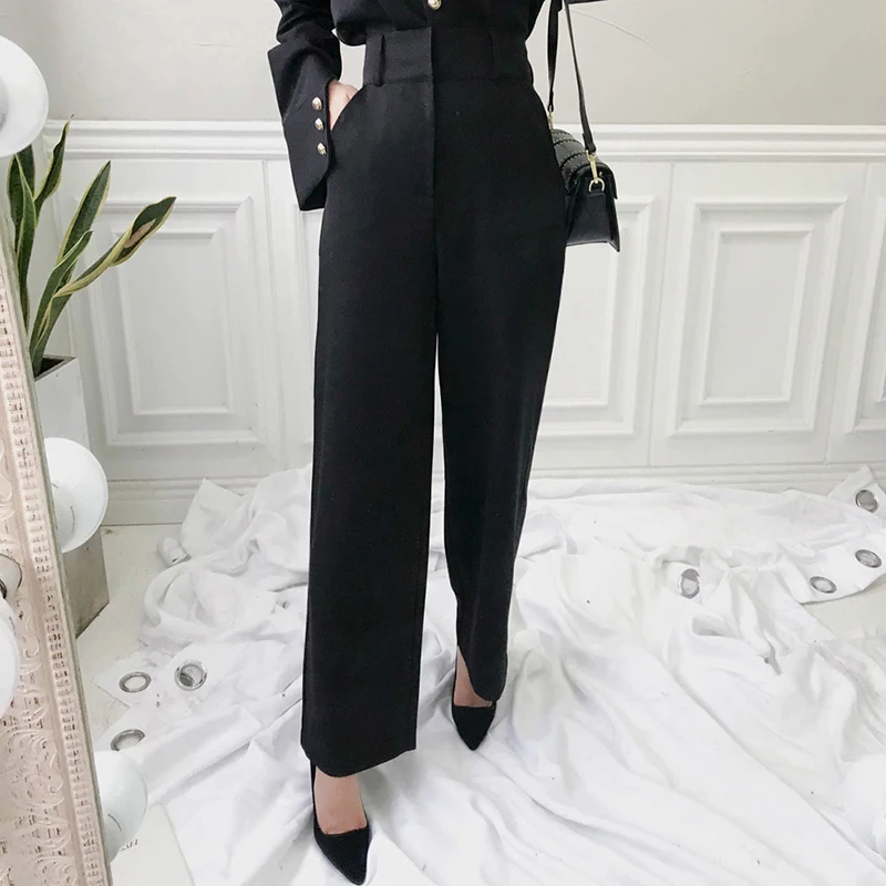 Винтажная черная однобортная блузка и длинные штаны с высокой талией, комплект из 2 предметов, элегантный Весенний Деловой Женский комплект