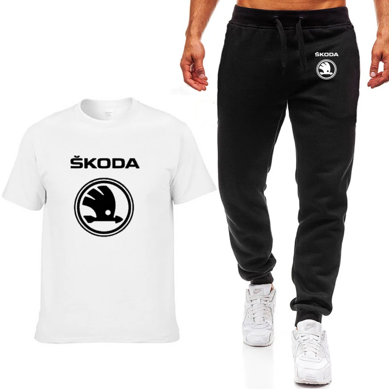 Модные летние мужские футболки с логотипом Skoda Car, Повседневная хлопковая футболка с коротким рукавом высокого качества, штаны, мужская одежда