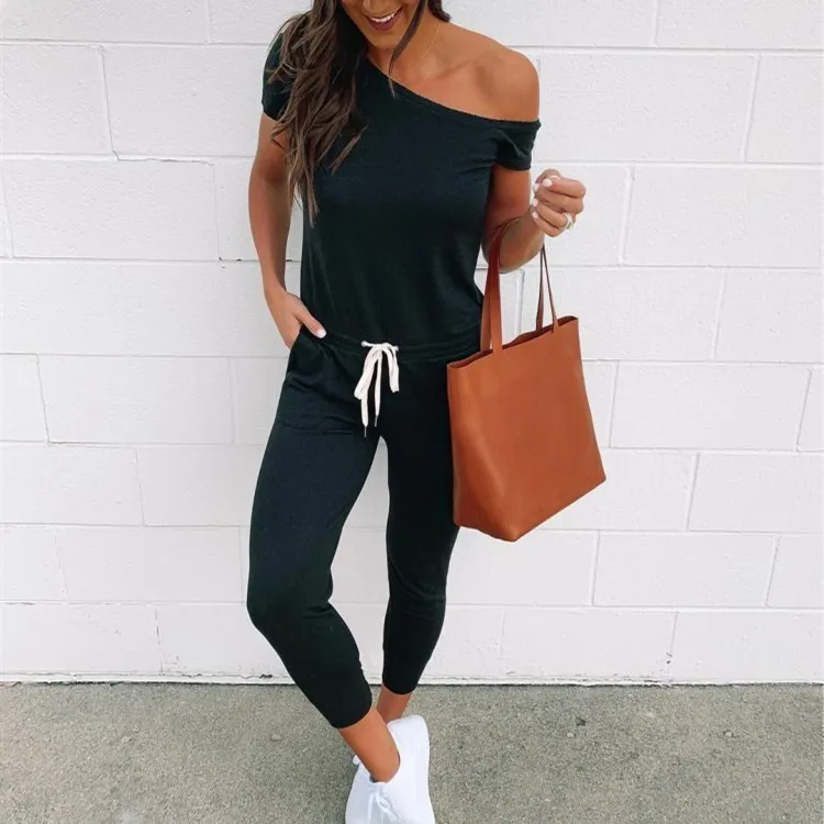 

Women's Casual Off Shoulder Jumpsuits Solid Bodycon Short Sleeve Jumpsuit Romper Trousers