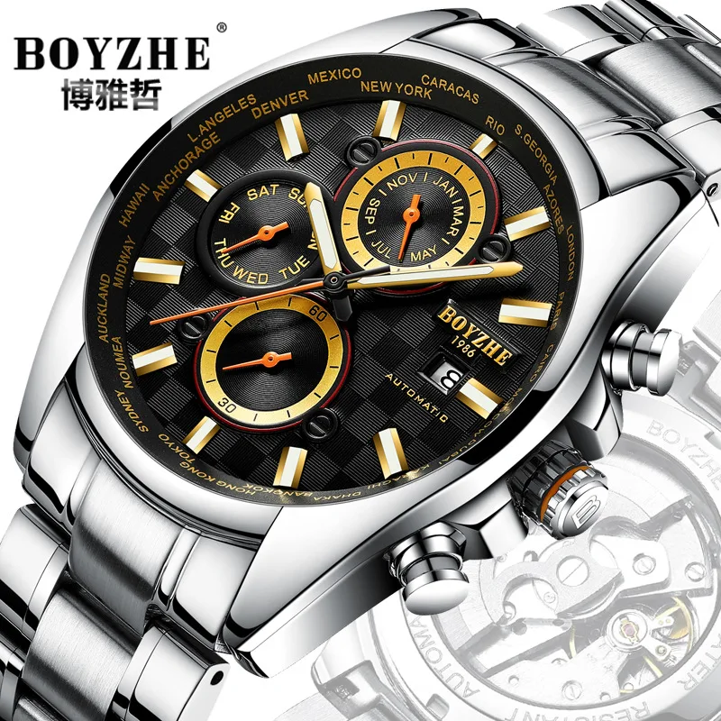 

BOYZHE Men Automatic Mechanical Sport Watches Black Fashion Top Luxury Brand Male Steel Gold Wrist Watch Relogio Masculino 2019