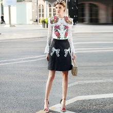 Milan Catwalk New High Quality Runway 2018 Spring Summer Fashion Party Women’S skirt lace embroidery shirt Ladies Suits Set