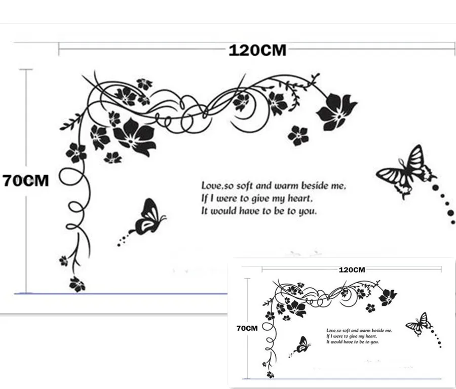 Большой стикер на стену черный цветок лоза Бабочка 47* 27IN съемные креативные наклейки