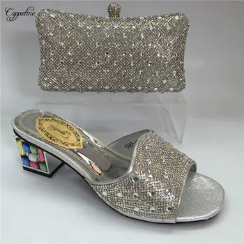 

Fashion silver with shinning stones African lady slipper shoes matching with purse bag set for party GY14