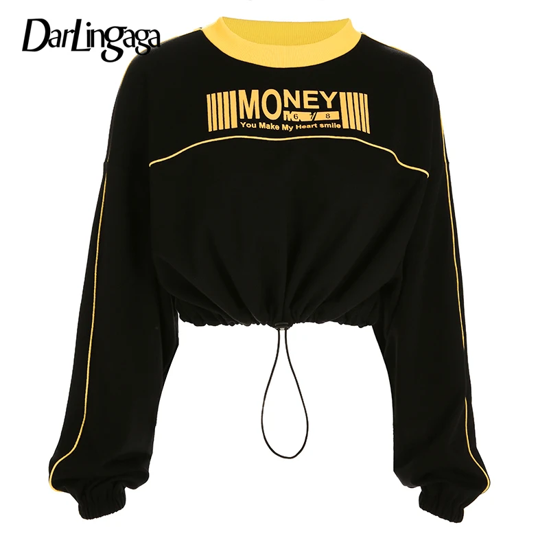 Darlingaga streetwear fashion short sweatshirt women letter print drawstring waist autumn winter cropped sweatshirts hoodie 2018 Hoodies
