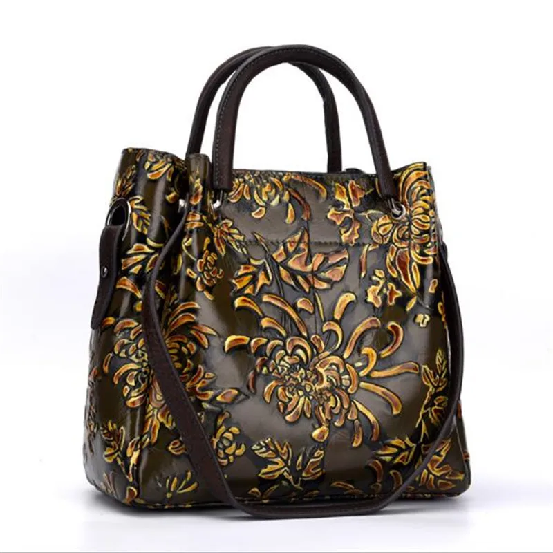 Винтажные модные кожаные женские сумки ручной работы с цветами, тисненые женские сумки на плечо большой емкости
