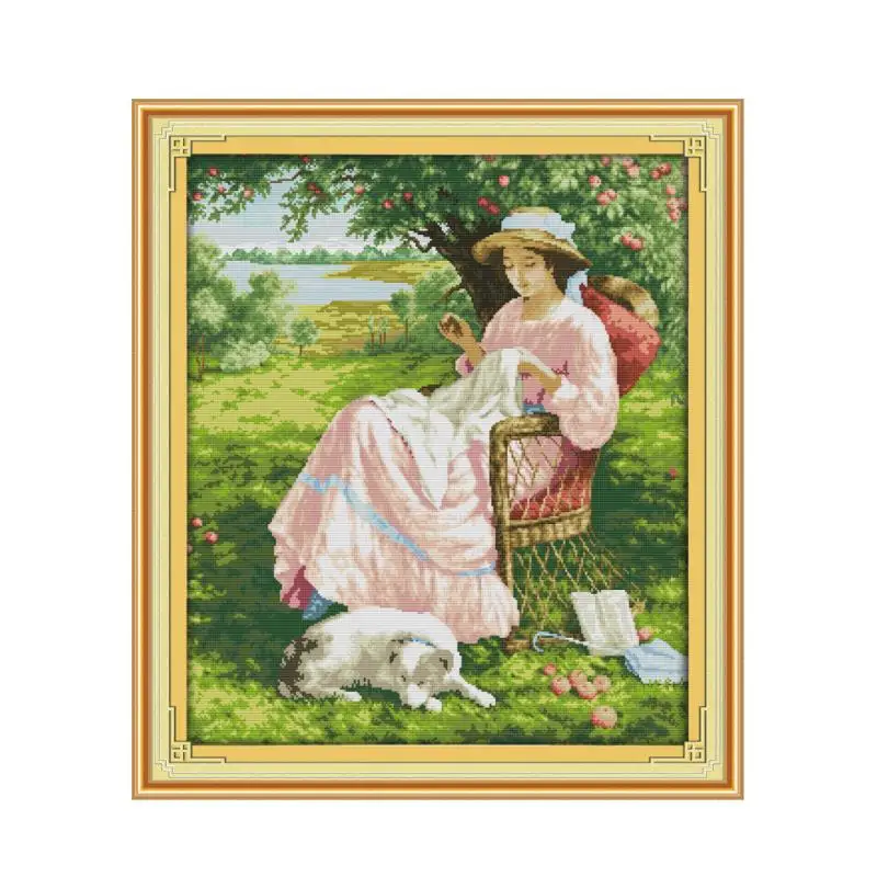 

Joy Sunday Woman Under The Apple Tree Chinese Character Cross Stitch Kit Lady And Puppy Dog Furniture Cloth Sewing Embroidery