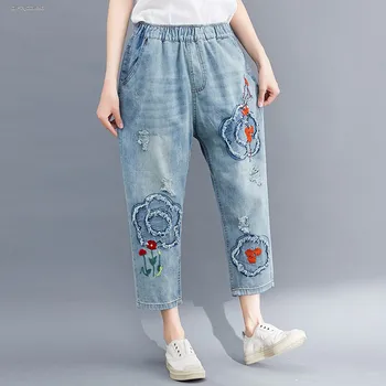 

Retro Plus Size Boyfriend Capris Jeans Woman Summer Streetwear Loose Ladies Patchwork Flower Embroidery Denim Pants Female