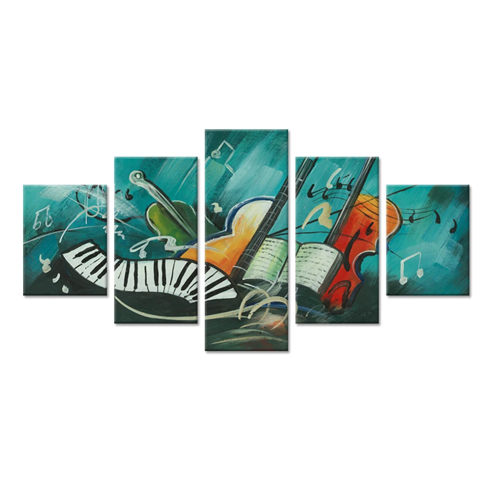 

Modern Canvas Artwork 5 Panel The Music Score Guitar Piano Contemporary Abstract Green Giclee Prints For Living Room Decoration