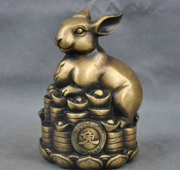 

6'' China Folk Fengshui Brass Bronze Statue Zodiac Ingot Rabbit Sculpture Statue Discount 35%
