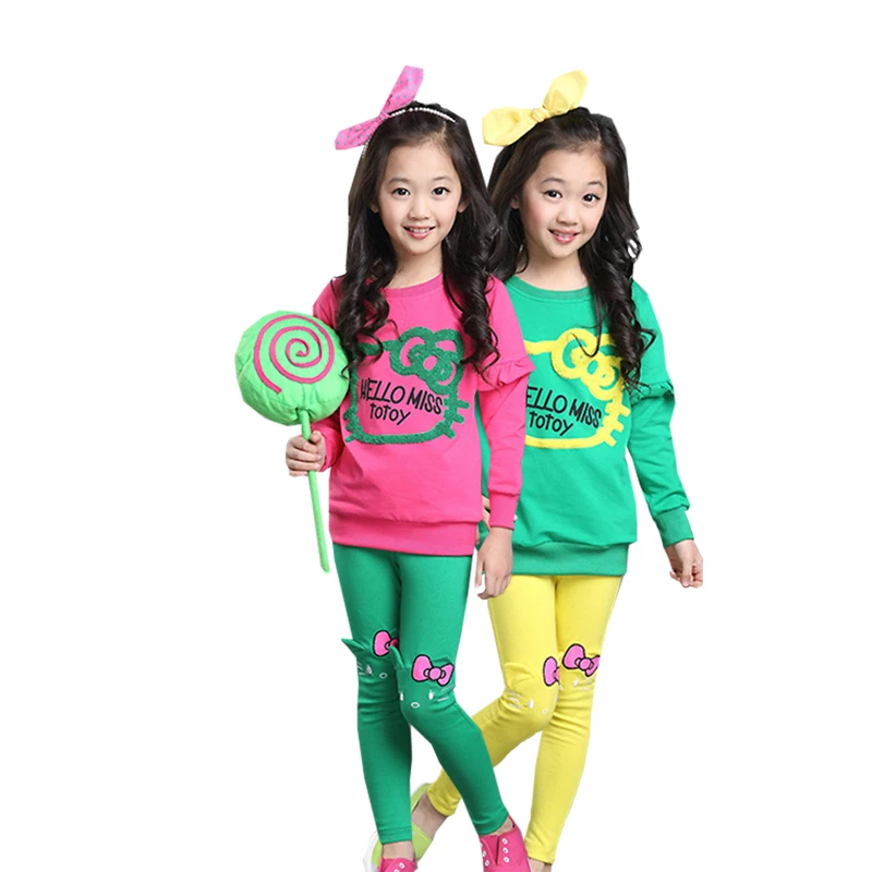 Одежда для девочек, комплект из двух предметов, футболка с длинными рукавами и принтом с героями мультфильмов, леггинсы, детская одежда, хлопковая качественная одежда для детей 3-12 лет
