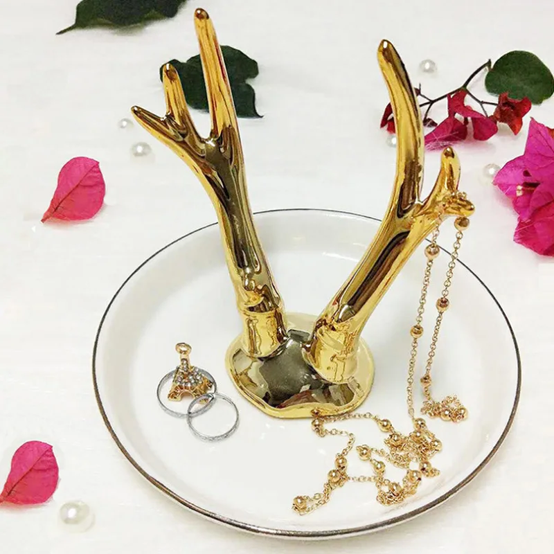 European Ceramic Jewelry Tray, Golden Antler Jewelry Ring