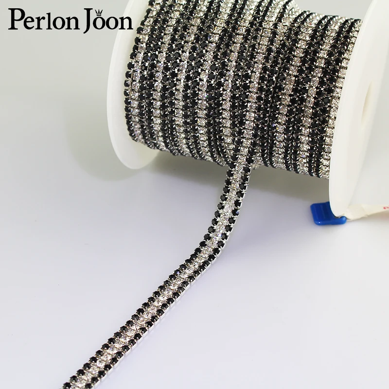 

1 yard 3 row black white black rhinestone trim plating silver crystal chain ribbon for clothing shoes decorative accessories 073