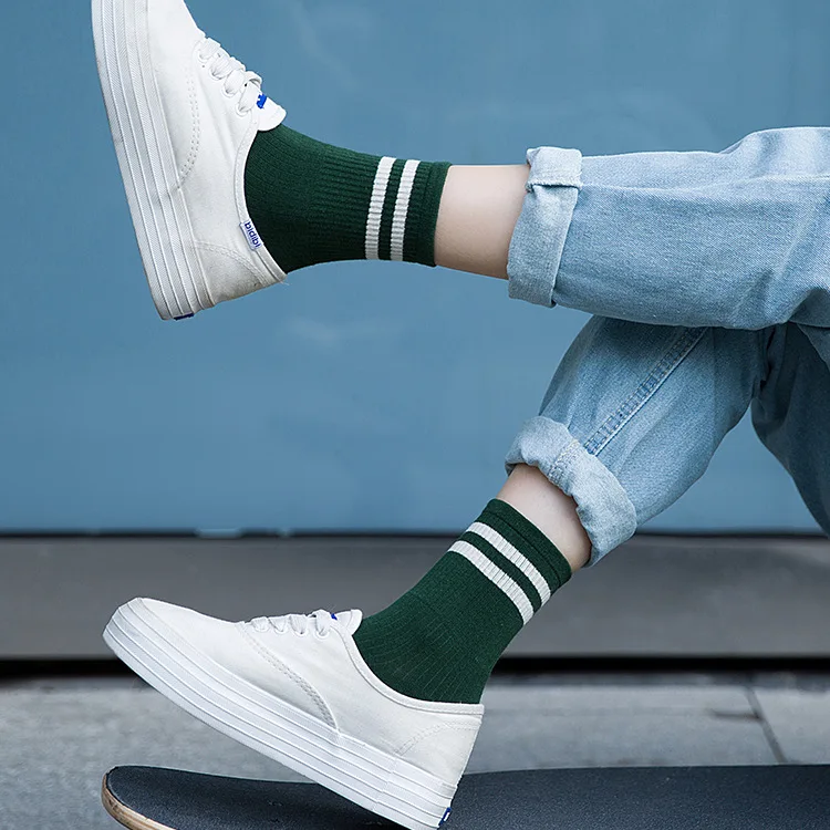 

VAENLAMODE Autumn Winter New Cotton Women's Socks Double Needle Sports Two Bar Socks Solid Color Tube Socks Pile Socks
