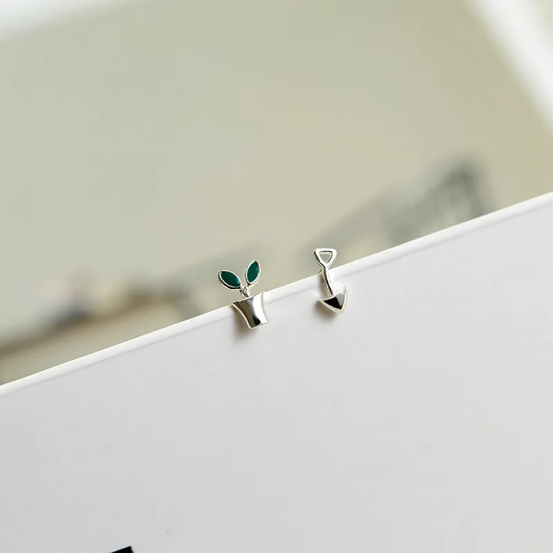 

925 Sterling Silver Ear Studs Lovely Pot Green Seedlings Shovel Mini Sweet ZC105