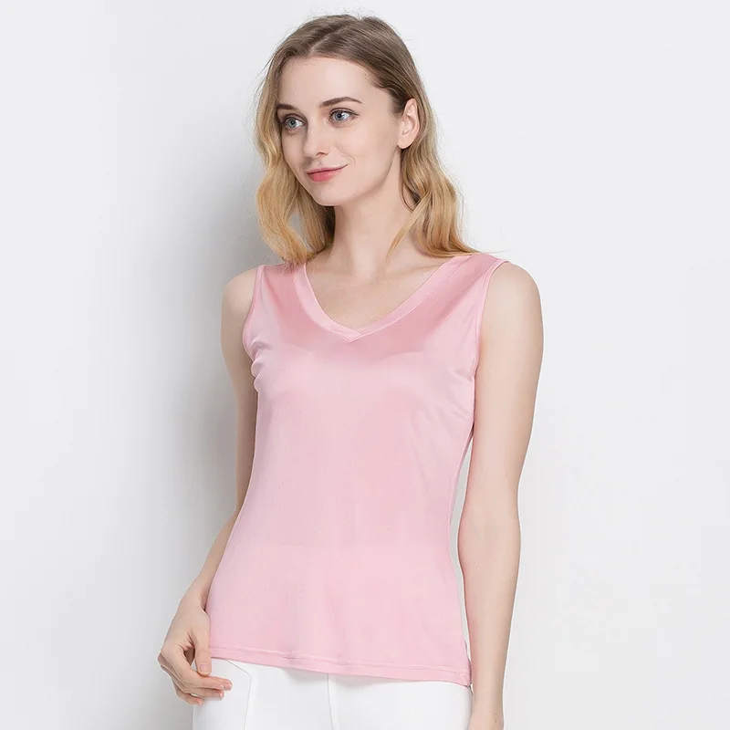 

Woman Spring Hot Sale Solid Knitted 100% Silk Tank Tops Female Autumn Summer V-neck Hedging Stretch Thin Breathable Slim Tees