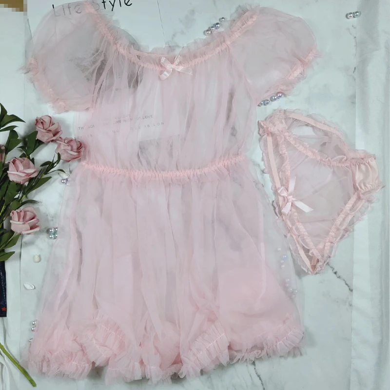 Sexy Underwear Kawaii Princess Women Sleepwear Nightgown Transparent Flirt with Cute Shorts Temptation Babydoll Dress