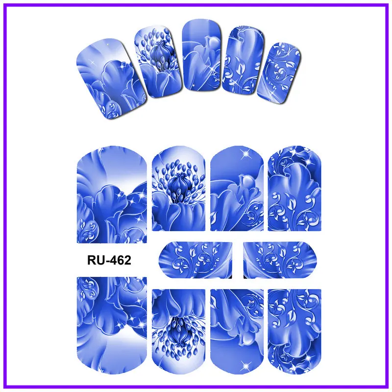 Красивые наклейки для ногтей, водная наклейка, ползунок, полное покрытие, цветок, Виноградная лоза, зеленый цвет, белый цвет, ротанг, темно-китайская синяя птица RU457-462 - Цвет: RU462