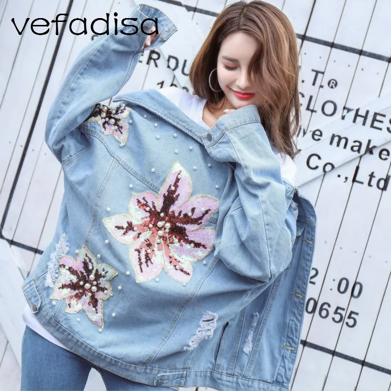 Vefadisa куртки и пальто с вышивкой осенняя одежда цветочный узор женское джинсовое пальто с аппликацией из бисера джинсовая куртка DQ276F