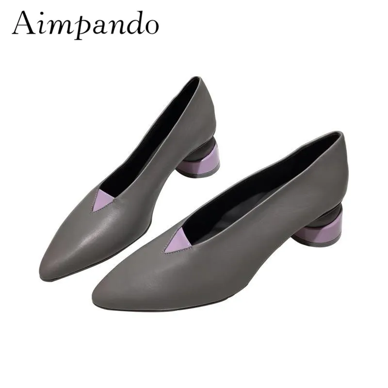

2018 Spring New Arrival OL Retro Pumps Women Point Toe Shallow Real Leather Round Strange Heel Shoes Woman
