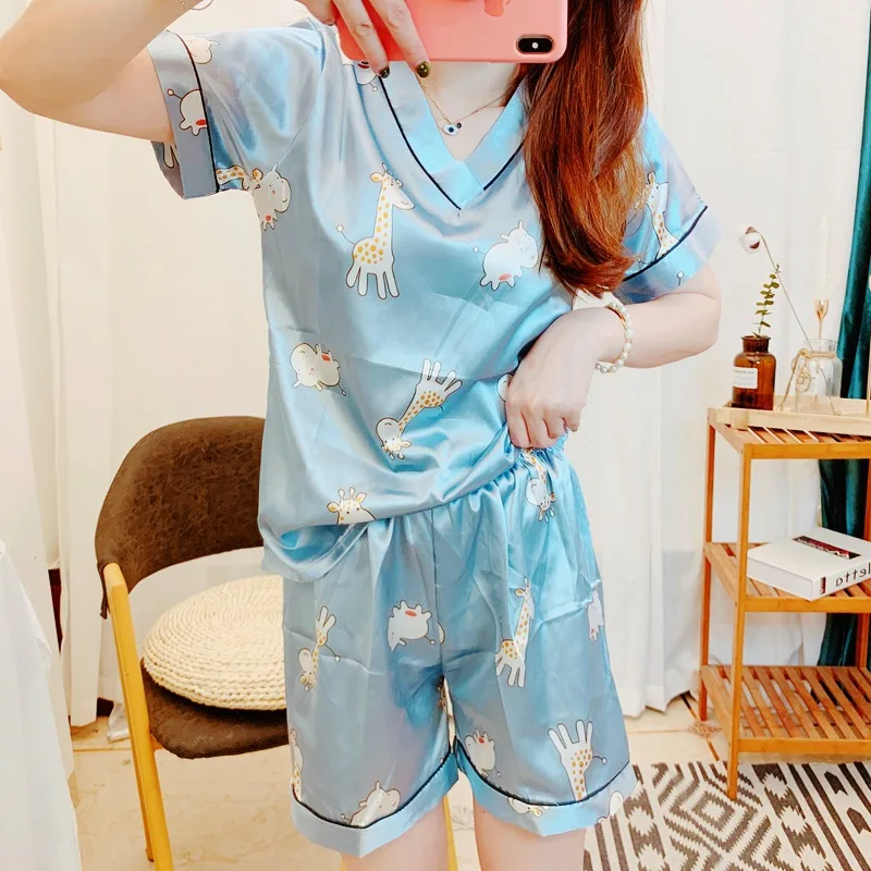 

JULY'S SONG 2 Pieces Pajamas Set Short Sleeves Women's Faux Silk Satin Sleepwear Pajamas Suit Cotton Animal Pattern