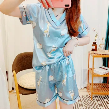 

JULY'S SONG 2 Pieces Pajamas Set Short Sleeves Women's Faux Silk Satin Sleepwear Pajamas Suit Cotton Animal Pattern