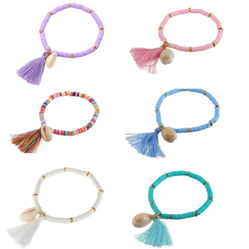 

Hot Sell Colorful Tassel And Shell Charms Rubber Beaded Bracelet Femme Handmade Boho Bracelet Jewelry Gift