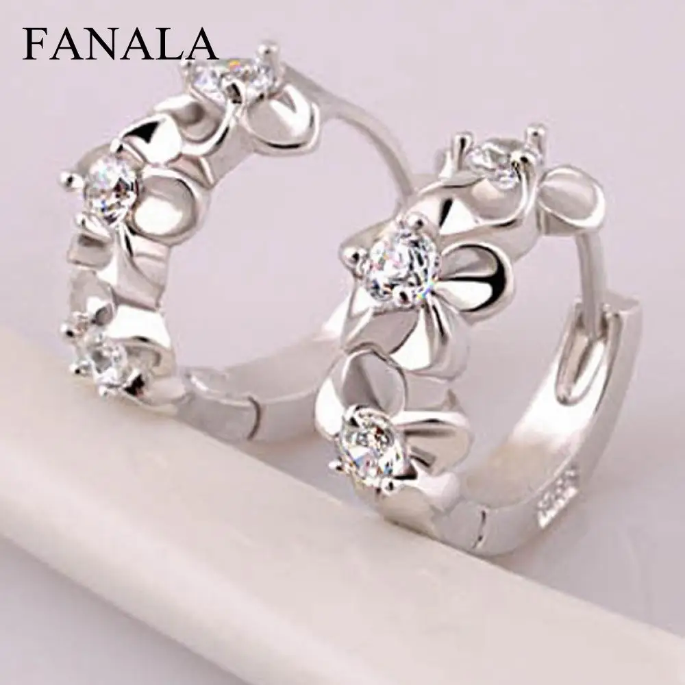 

Gifts Silvering Plated Round Earrings Fashion Camellia Rhinestones Design Hoop Earrings Women's Elegant Jewelry 1Pair Free Ship