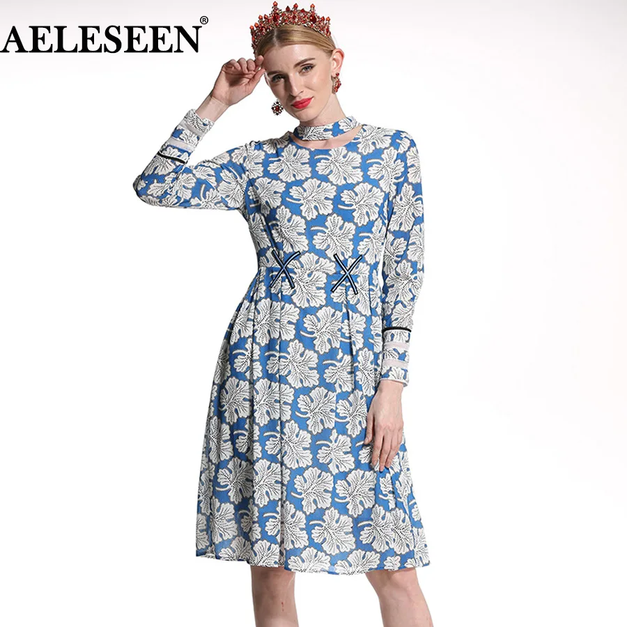 

AELESEEN Runway Female Work Dresses 2018 Women Autumn Embroidery Fashion Full Sleeve Leaf Print Knee Length Blue Elegant Dress