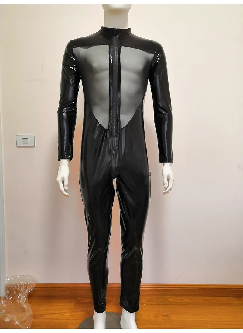 Sexy Lingerie Costume for Men Faux Leather Latex Gauze Splicingbodysuit Men PU catsuit Nightclub DS Costumes 2019 (6)