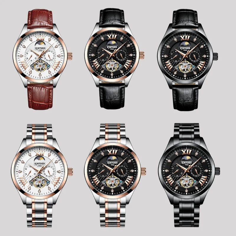 KINYUED Business Luxury Skeleton Watch Men Mechanical Stainless Steel Diamond Fashion Brand Moon Phase Watches Male Hand Hours
