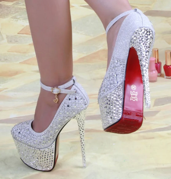 new 2014 women pumps rhinestone 16cm wedding shoes red bottom high heels  women shoes Silver White - AliExpress