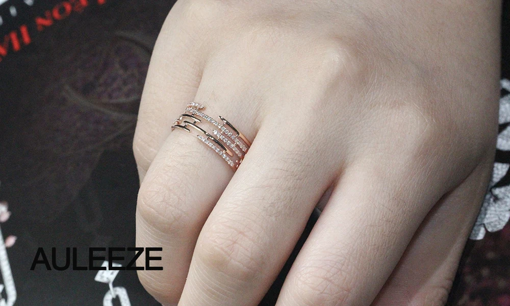 AULEEZE необычный дизайн линии натуральный настоящий алмаз полоса Твердые 18 К 750 розовое золото вечерние кольца для женщин Ювелирное Украшение с мелкими бриллиантами