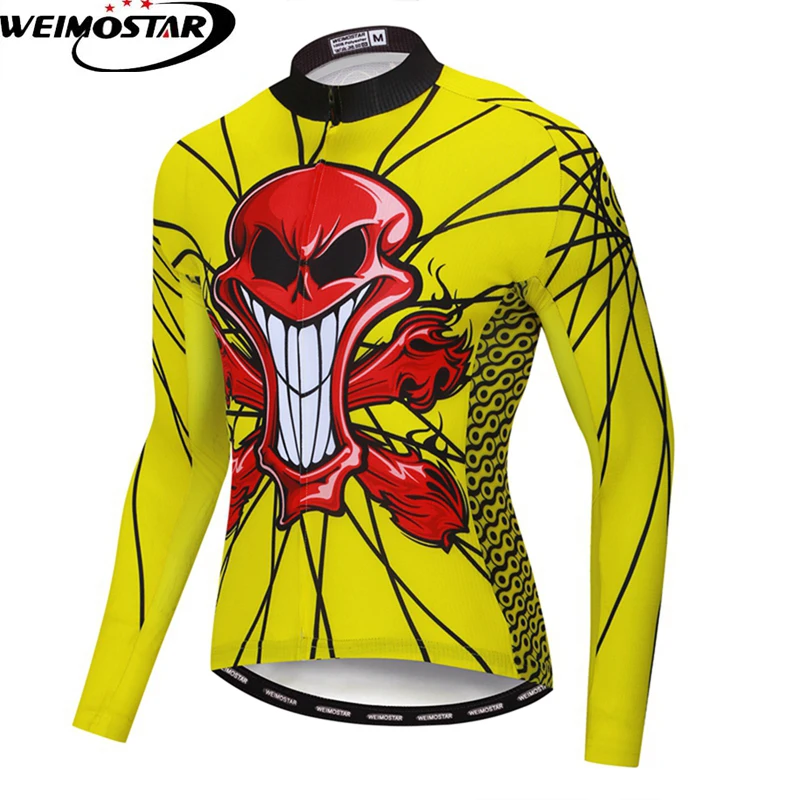 Weimostar Mens Skull Yellow Cycling Jersey Long Sleeve Cycling Clothing