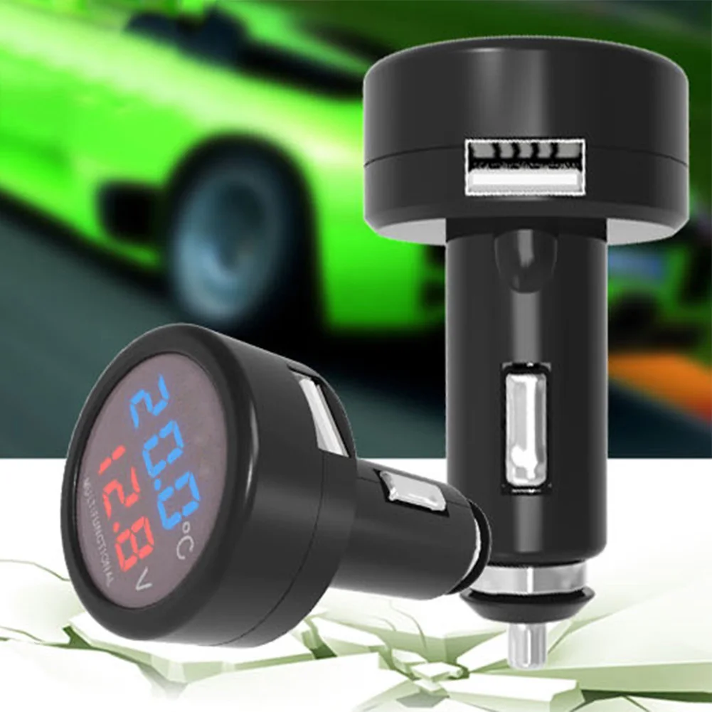 Multi function Car Charger 12V/24V Digital Voltmeter Thermometer Auto