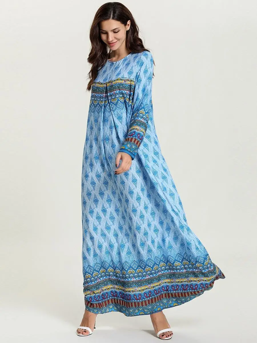 Женское длинное платье на молнии спереди мусульманский кафтан с принтом Абая Мусульманская одежда Jilbab арабский халат Caftan этнический стиль Турция Новая мода