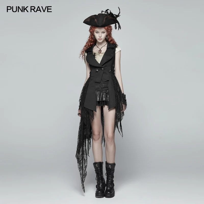 Punk Rave Women Vest Waistcoat Gothic Punk Dark Black Lace Fashion Casual Slim-Fitting Asymmetric Stage Performance Costumes