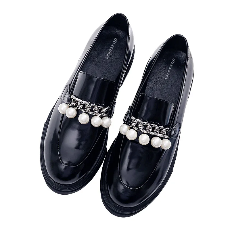 Криперы, цепи, Маффин на плоской подошве, большой размер, лакированная кожа, черная платформа, женские жемчужные 10, японская школьная дешевая обувь китайские лоферы - Color: Black