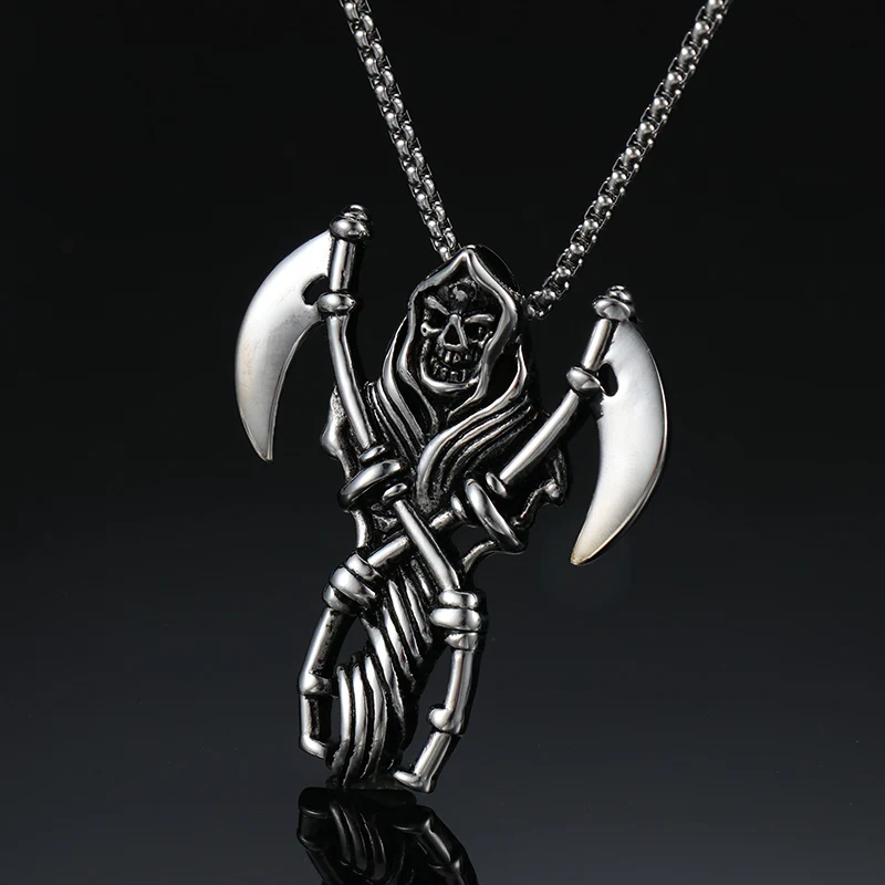 

OQEPJ Vintage Double Sickle Skeleton Skull Death's Head Men Pendant Necklace 316L Stainless Steel Men Jewelry With Free Chain