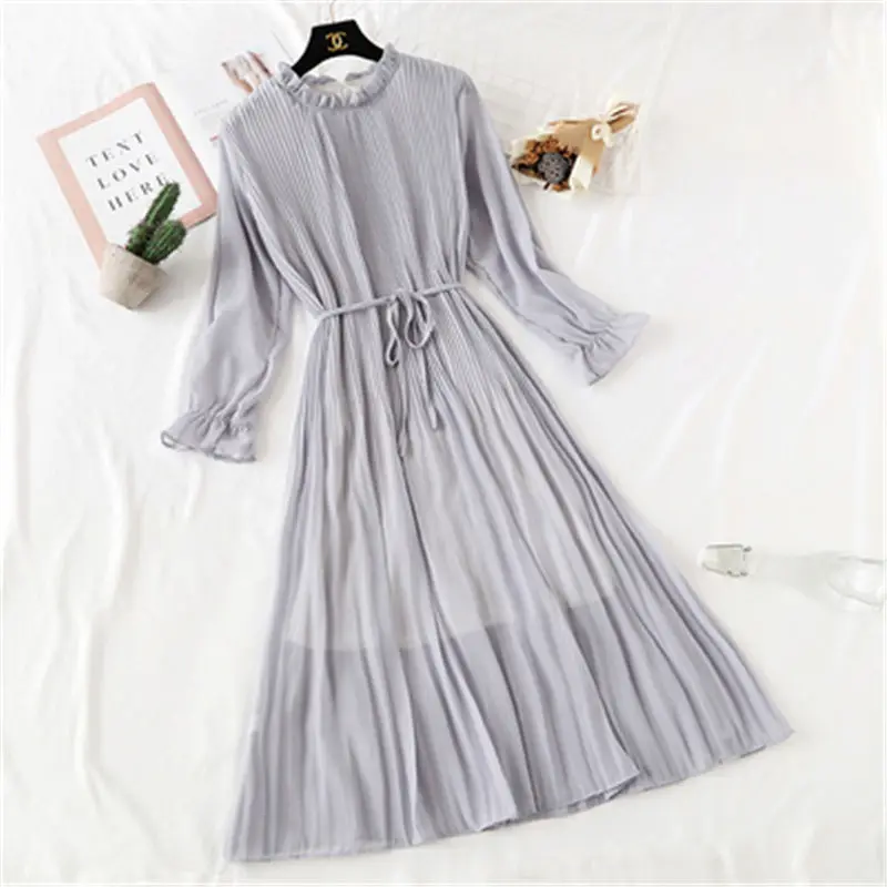 

Floral Print Chiffon Dress 2019 Women Spring Flare Sleeve Ruffle Pleated Long Dress Elastic Waist Vintage Femme Vestidos W86