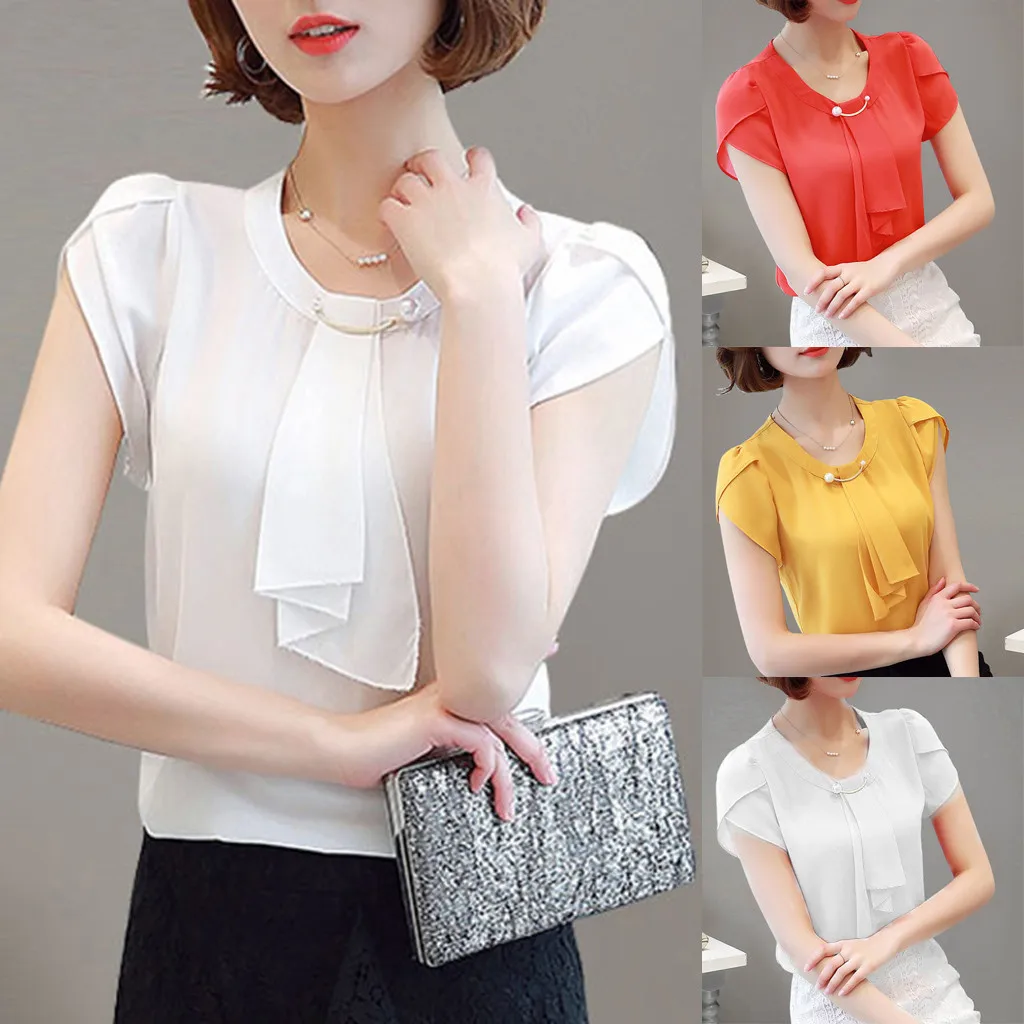 

Shirt Women Brief Office Work Wear O Neck Chiffon Shirts Short Sleeve Casual Tops