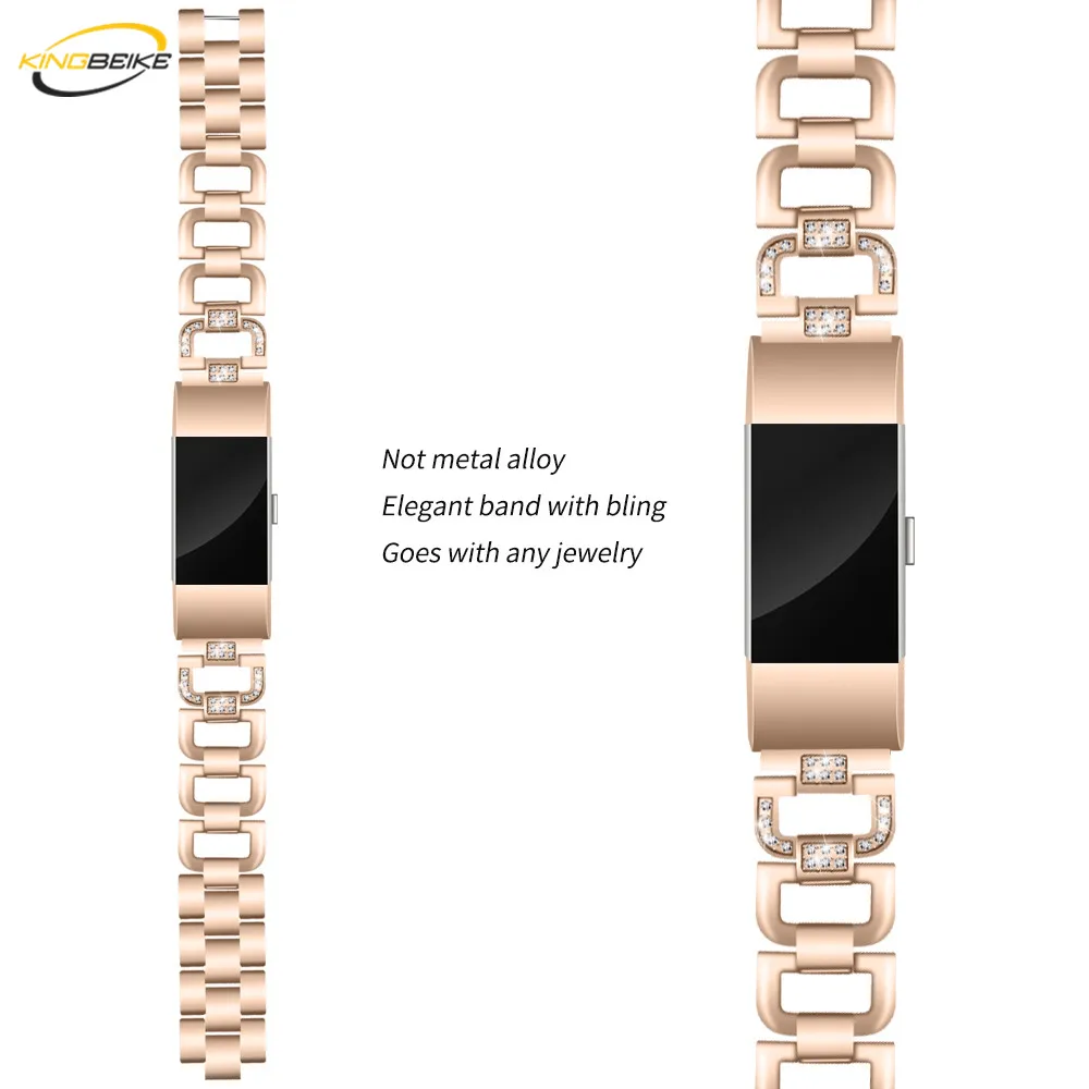 

KINGBEIKE 5 Colors Stainless Steel Replacement Watchband For Fitbit Charge 2 Smart Watch Wrist Strap Metal Bling Drill Band