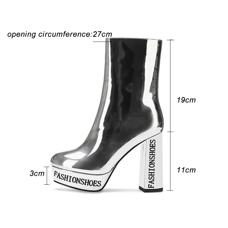 Kcenid/женские ботильоны из лакированной кожи серебристого цвета ботинки на платформе с круглым носком на не сужающемся книзу высоком каблуке пикантные женские туфли-лодочки ботинки челси