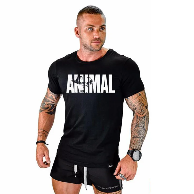 Summer ANIMAL Letters a Variety of Colors Round Neck Men's Cotton Soft Muscle Comfort Fitness T-shirt Exercise | Мужская одежда