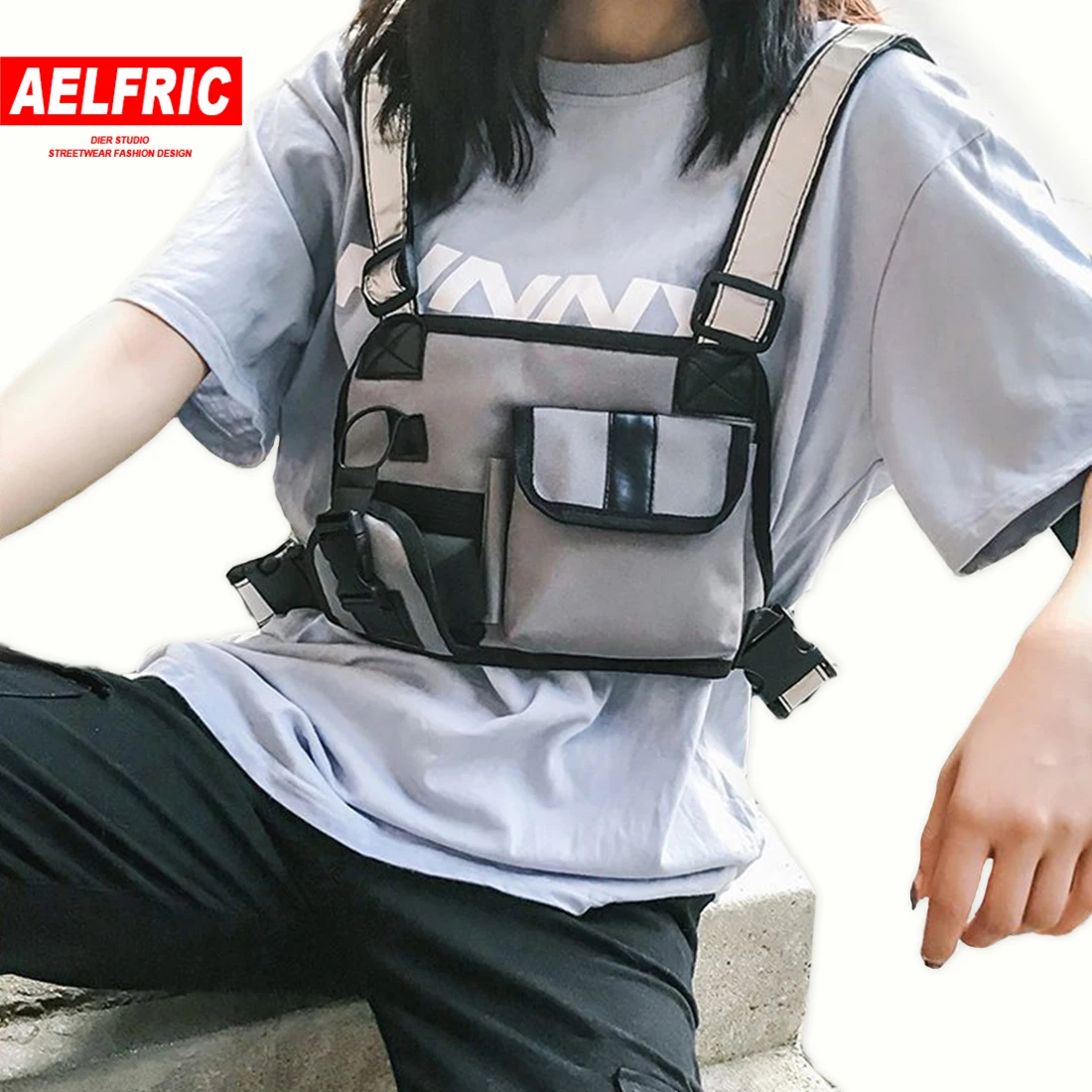 

AELFRIC Hip Hop Tactical Multifunction Chest Bag Men Women Waist Bag Fashion Reflective Shoulder Strap Vest Streetwear Chest Rig