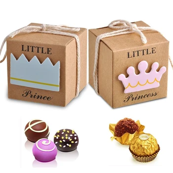 

50pcs Baby Shower Candy Box Little Prince/Princess Crown Kraft Paper Gift Box