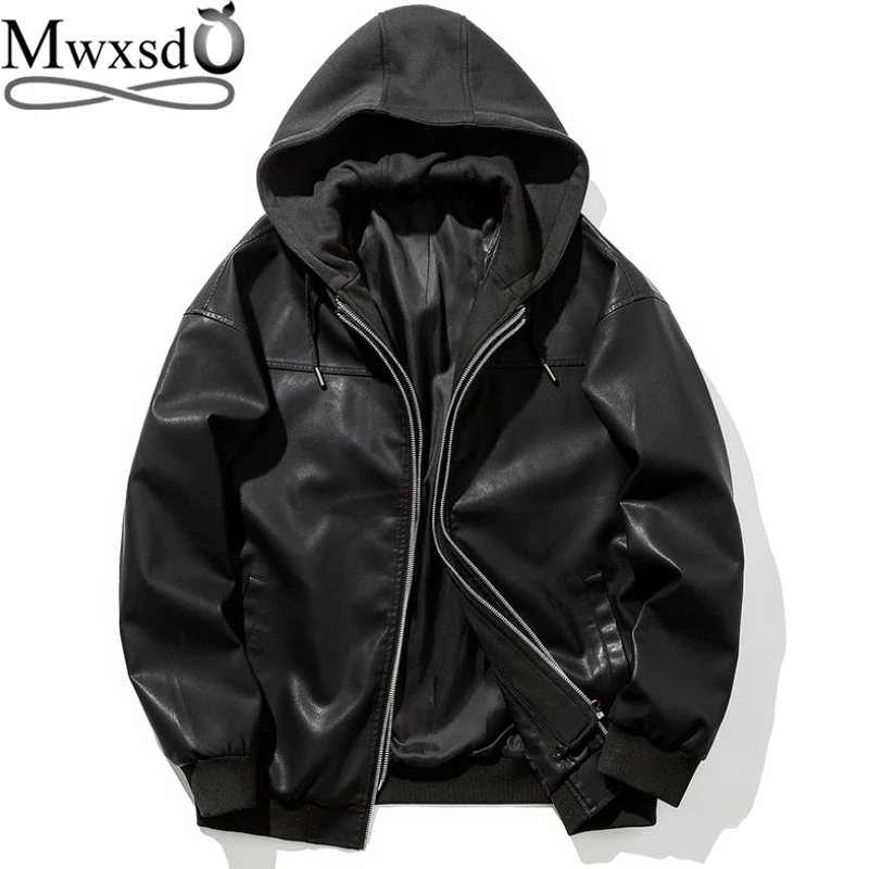 Mwxsd brand winter mens casual leather jacket and coat men hooded PU leather soft jacket Male Classic Thick Velvet Coat